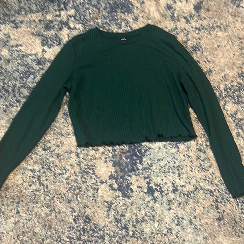 SHEIN Green Ribbed Cropped Long Sleeve Top Women's Large